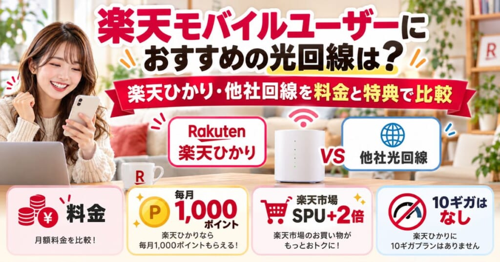 楽天モバイルユーザー向けに楽天ひかりの料金・ポイント特典・他社光回線との違いを比較するイメージ