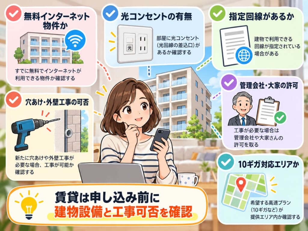 賃貸物件で光回線を申し込む前に無料インターネット・光コンセント・工事許可・提供エリアを確認するイメージ