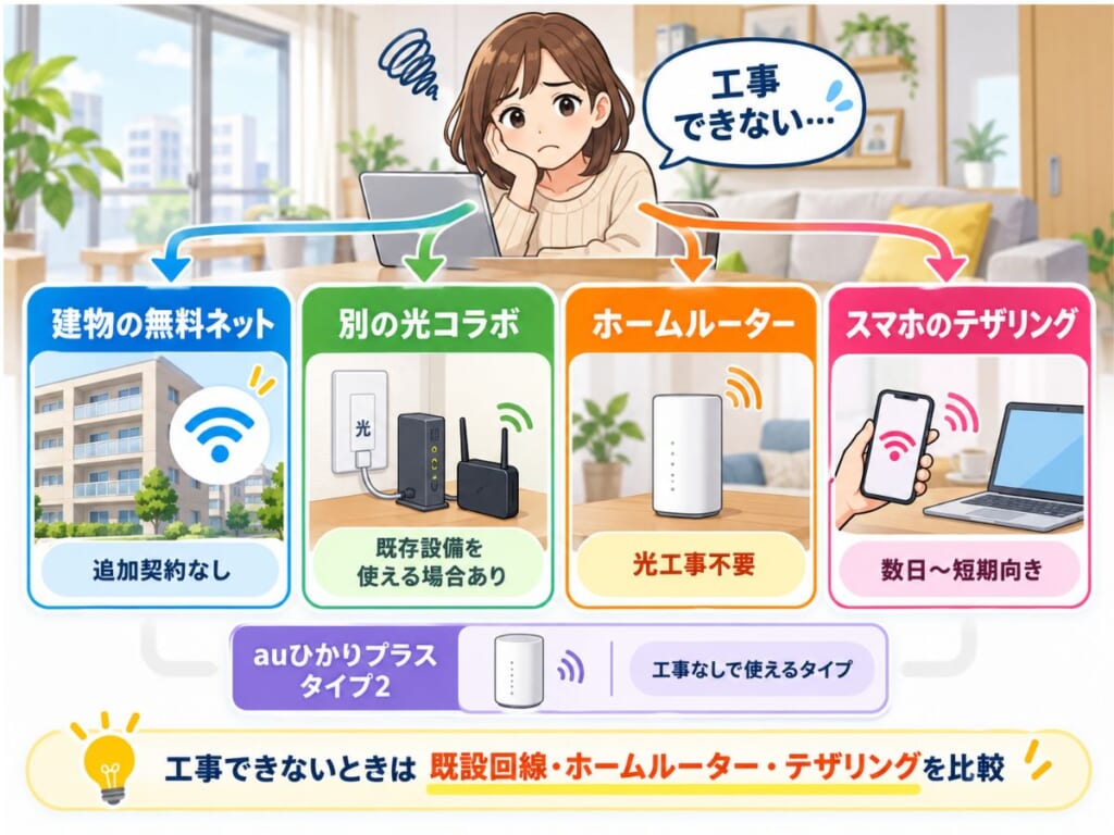 賃貸で光回線工事ができない場合に既設回線・ホームルーター・テザリングなどを比較するイメージ