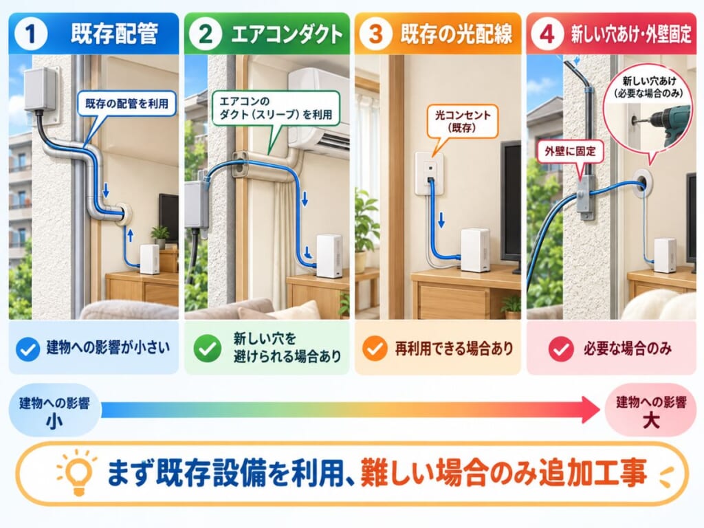 賃貸で光回線を既存配管・エアコンダクト・既存の光配線・穴あけで引き込む方法を比較するイメージ