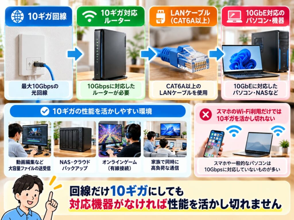 SoftBank 光10ギガを活かすために必要な対応ルーター・CAT6A以上のLANケーブル・10GbE対応機器を示すイメージ