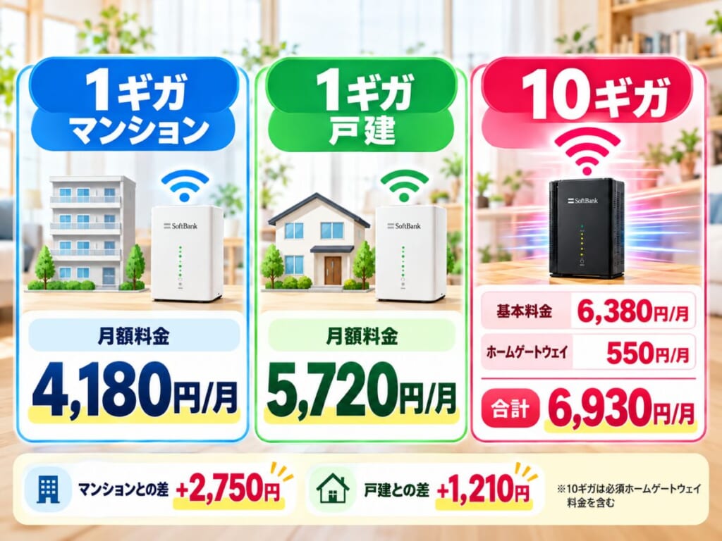 SoftBank 光1ギガのマンション・戸建料金と10ギガの月額料金を比較するイメージ
