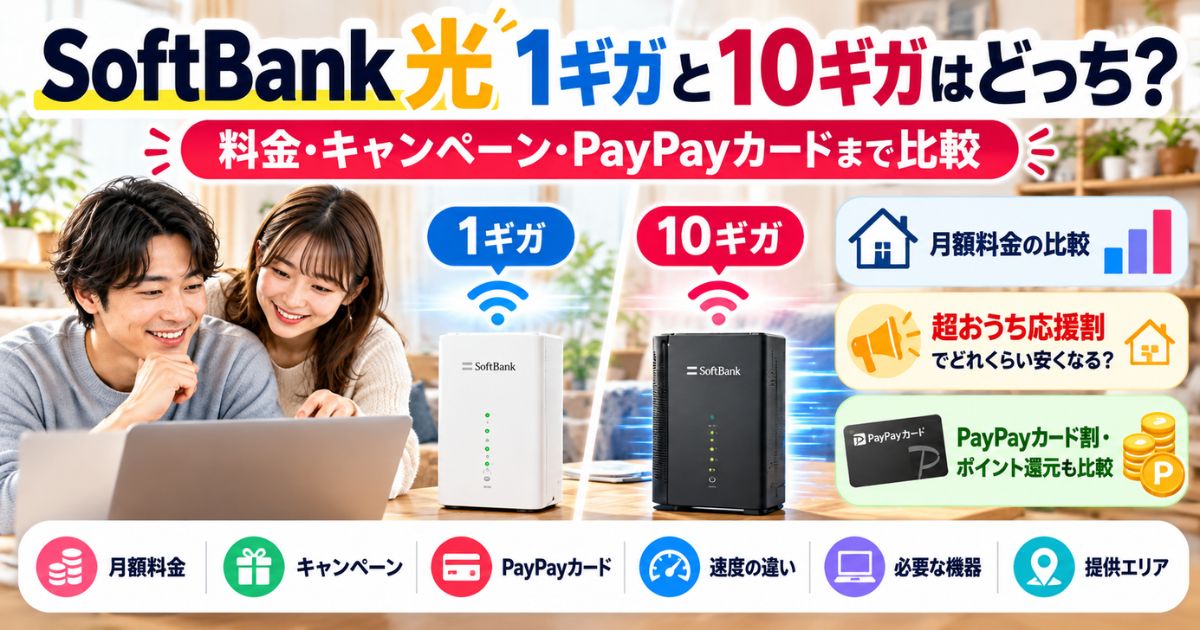 SoftBank 光1ギガと10ギガを料金・キャンペーン・PayPayカードまで含めて比較するイメージ