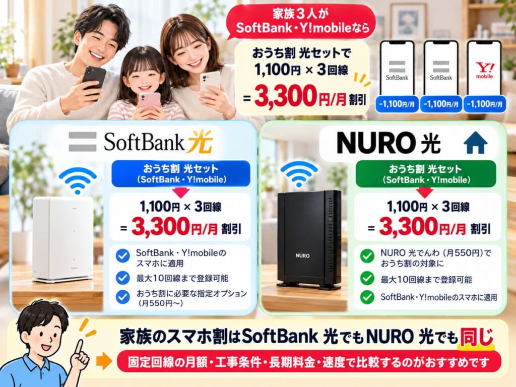 SoftBank光とNURO光のどちらでも家族3回線のおうち割光セットを利用できることを比較するイメージ