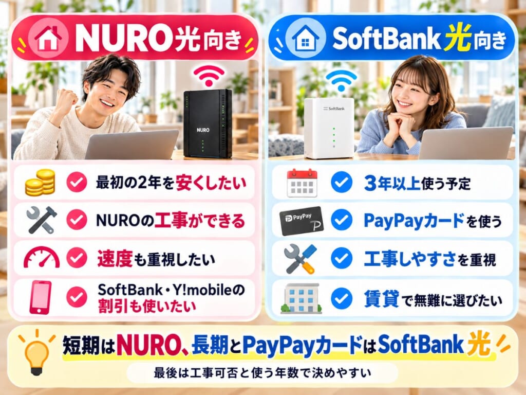 最初の2年や速度を重視する人と長期利用やPayPayカードを重視する人の光回線選びを比較するイメージ