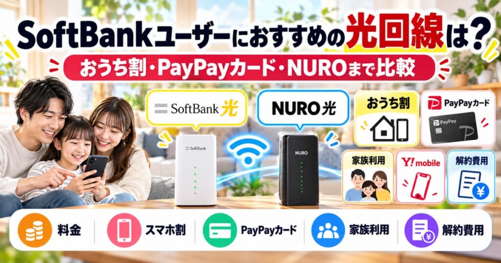SoftBankユーザー向けにSoftBank光とNURO光をおうち割・PayPayカード・家族利用まで含めて比較するイメージ