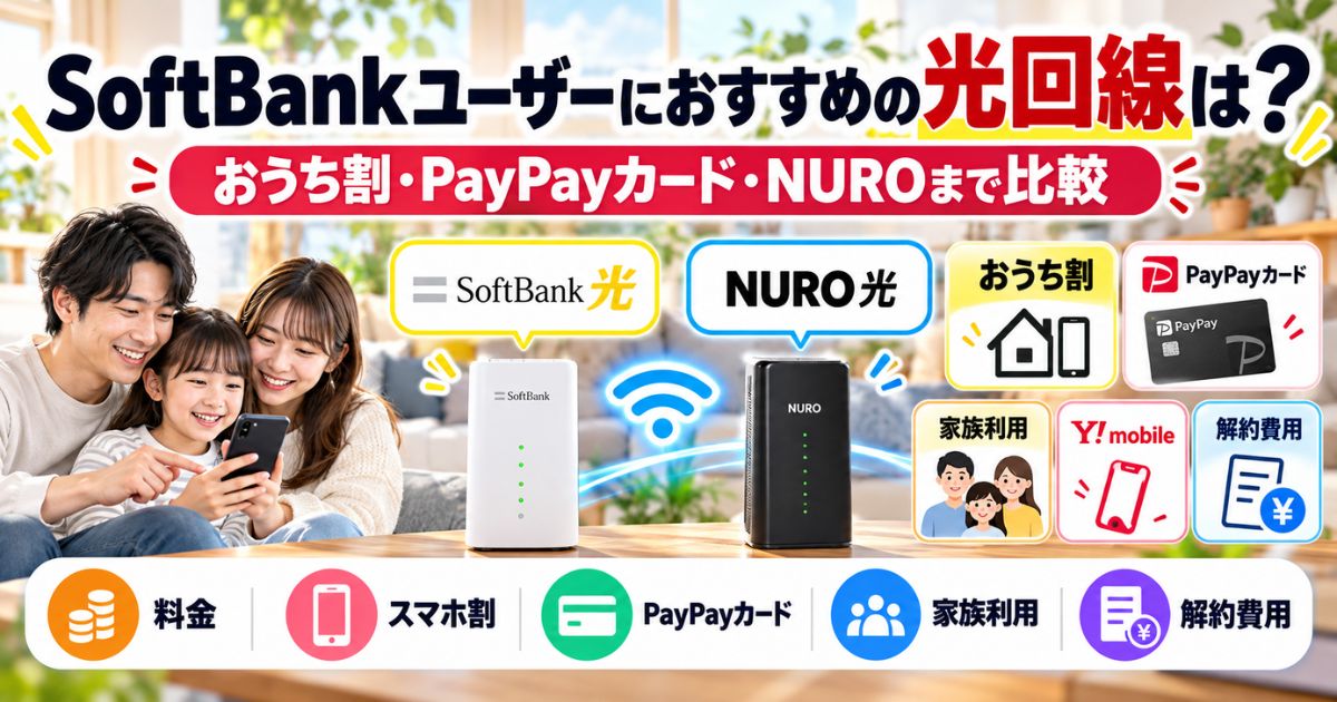 SoftBankユーザー向けにSoftBank光とNURO光をおうち割・PayPayカード・家族利用まで含めて比較するイメージ