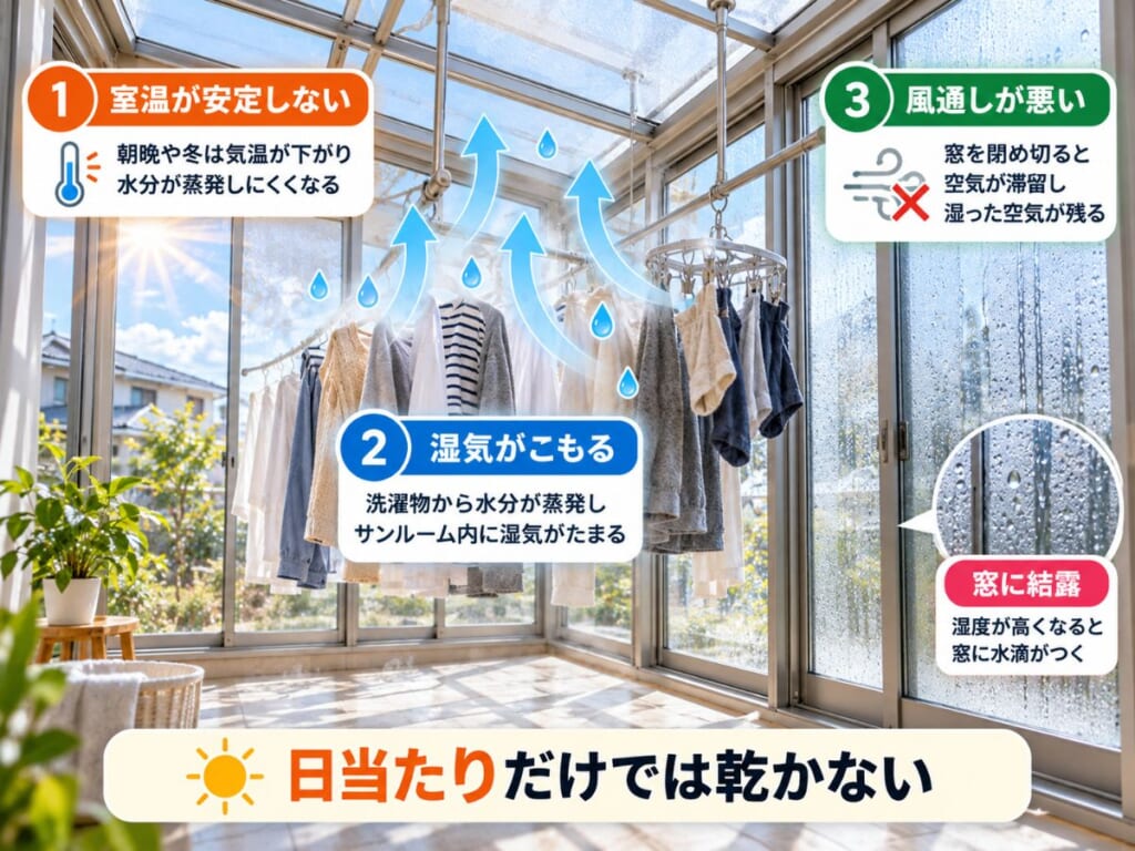 サンルームで室温の変化・湿気の滞留・風通しの悪さによって洗濯物が乾きにくくなる仕組みと窓の結露を示した図