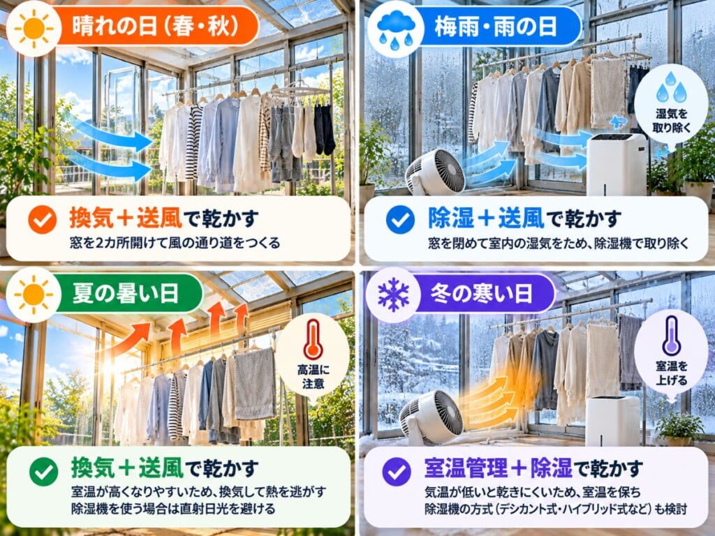 サンルームで晴天・梅雨・夏・冬の天候や季節に応じた換気・送風・除湿・室温管理の方法を比較した図