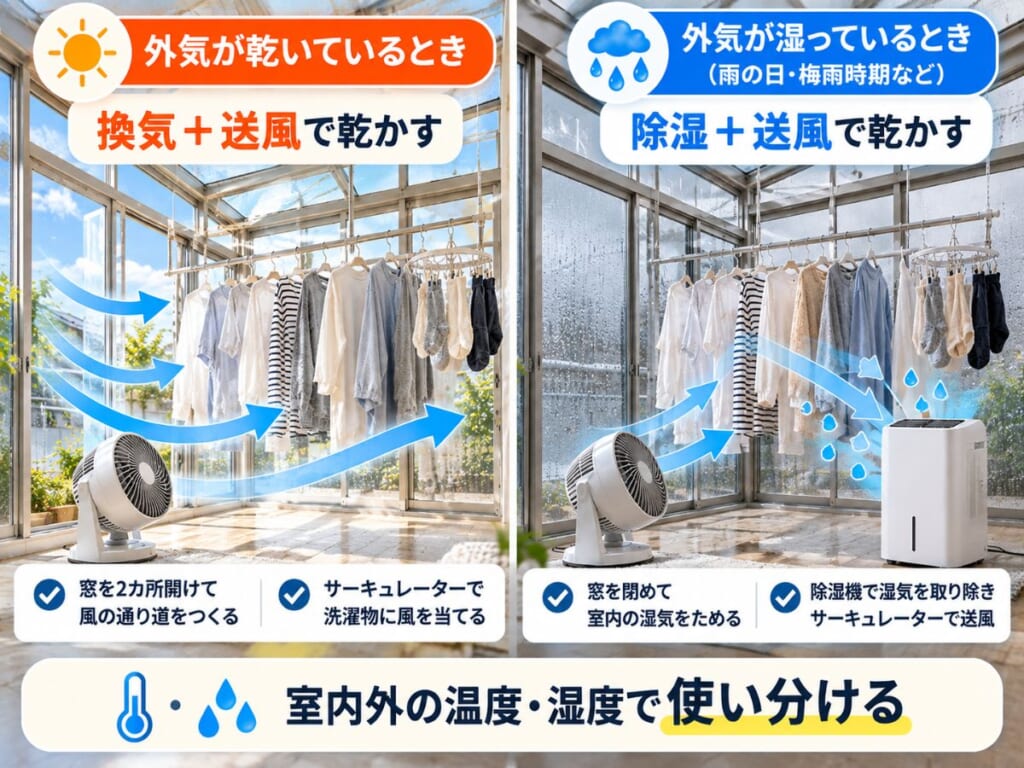 サンルームで外気が乾いているときの換気と送風、湿気が多いときの除湿機と送風の使い分けを比較した図