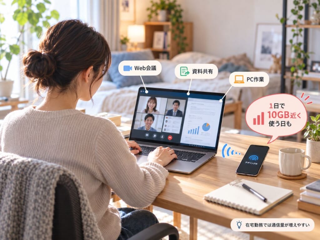 在宅勤務でスマートフォンからパソコンへテザリングし、1日10GB近く通信することもあるイメージ