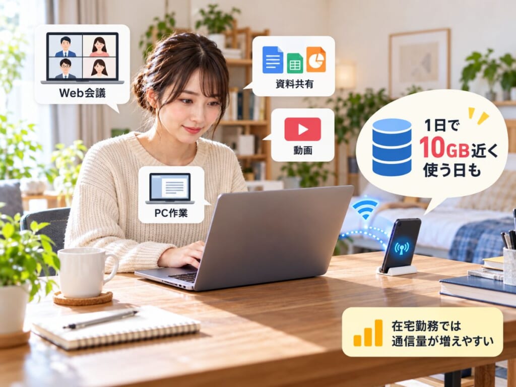 在宅勤務でスマートフォンのテザリングを使い1日10GB近く通信することもあるイメージ