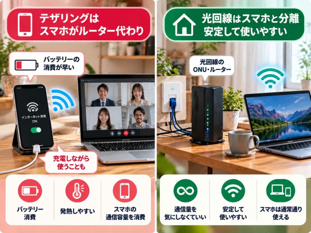 テザリングではスマートフォンがルーター代わりになり、長時間利用では充電しながら使うこともあるイメージ
