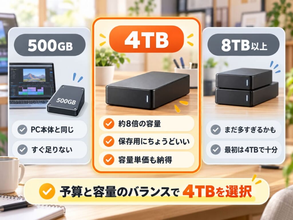 500GBや8TB以上と比較して4TBの外付けHDDを選んだ理由を示すイメージ