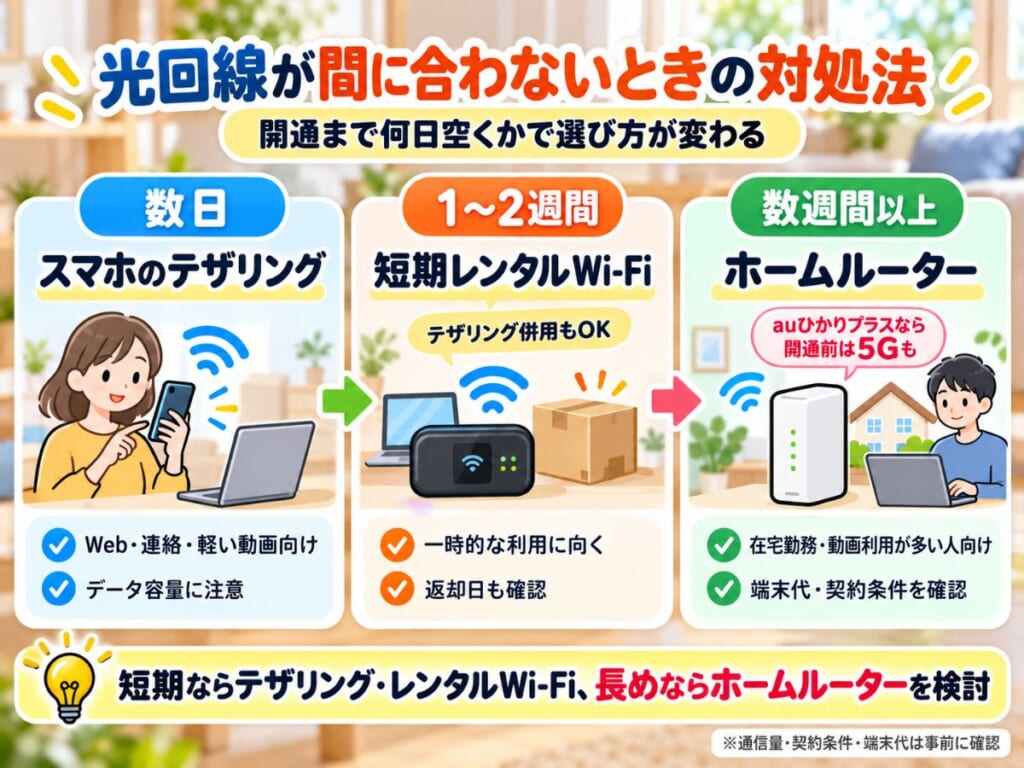 光回線の開通までの期間に応じてテザリング・短期レンタルWi-Fi・ホームルーターを使い分けるイメージ