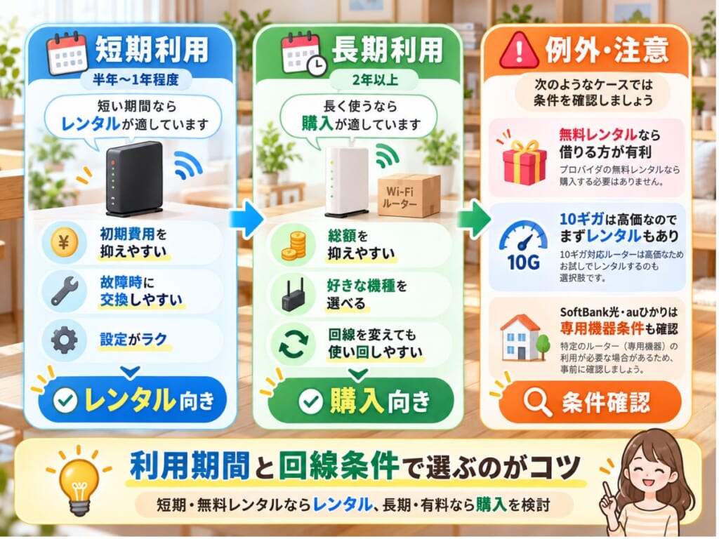 利用期間や回線条件からWi-Fiルーターのレンタルと購入のどちらが向いているか比較するイメージ