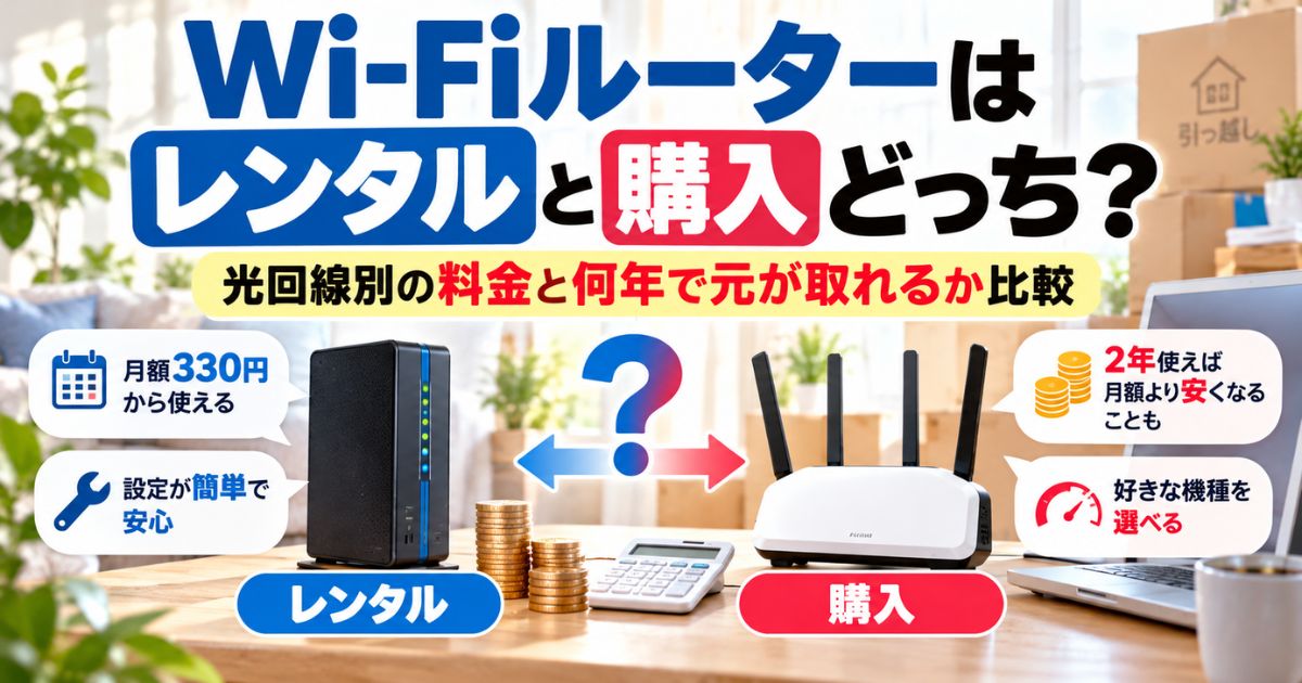 Wi-Fiルーターをレンタルと購入で比較し、料金や利用期間から選び方を示すイメージ