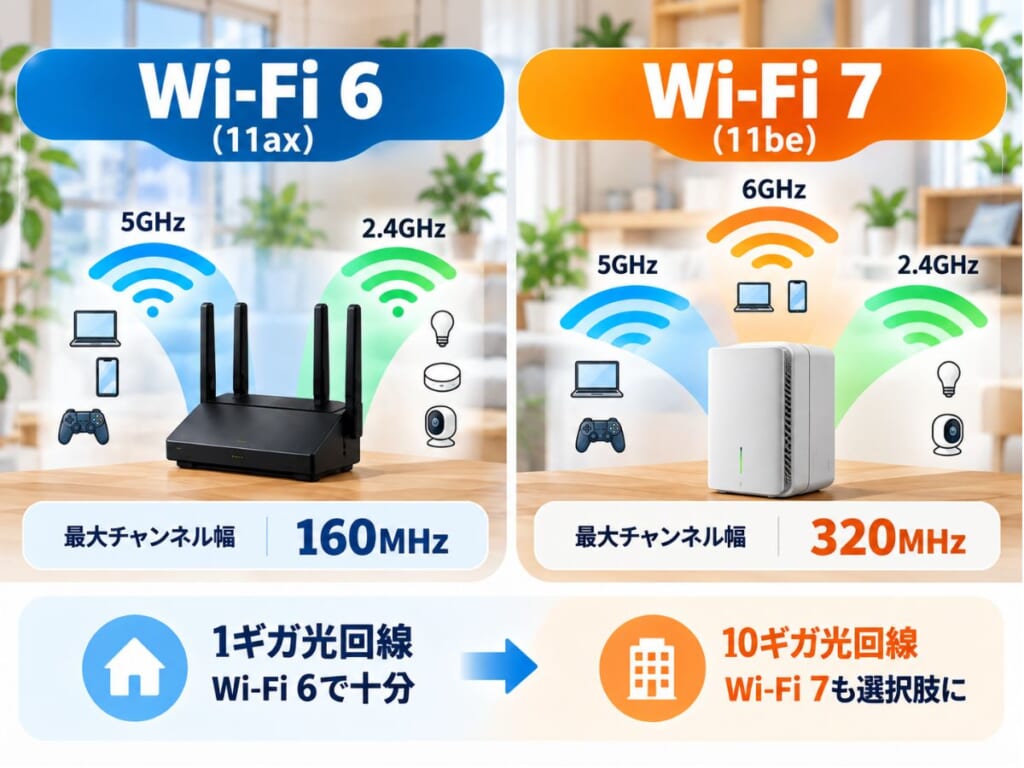 Wi-Fi 6とWi-Fi 7の対応周波数帯や最大チャンネル幅を比較するイメージ