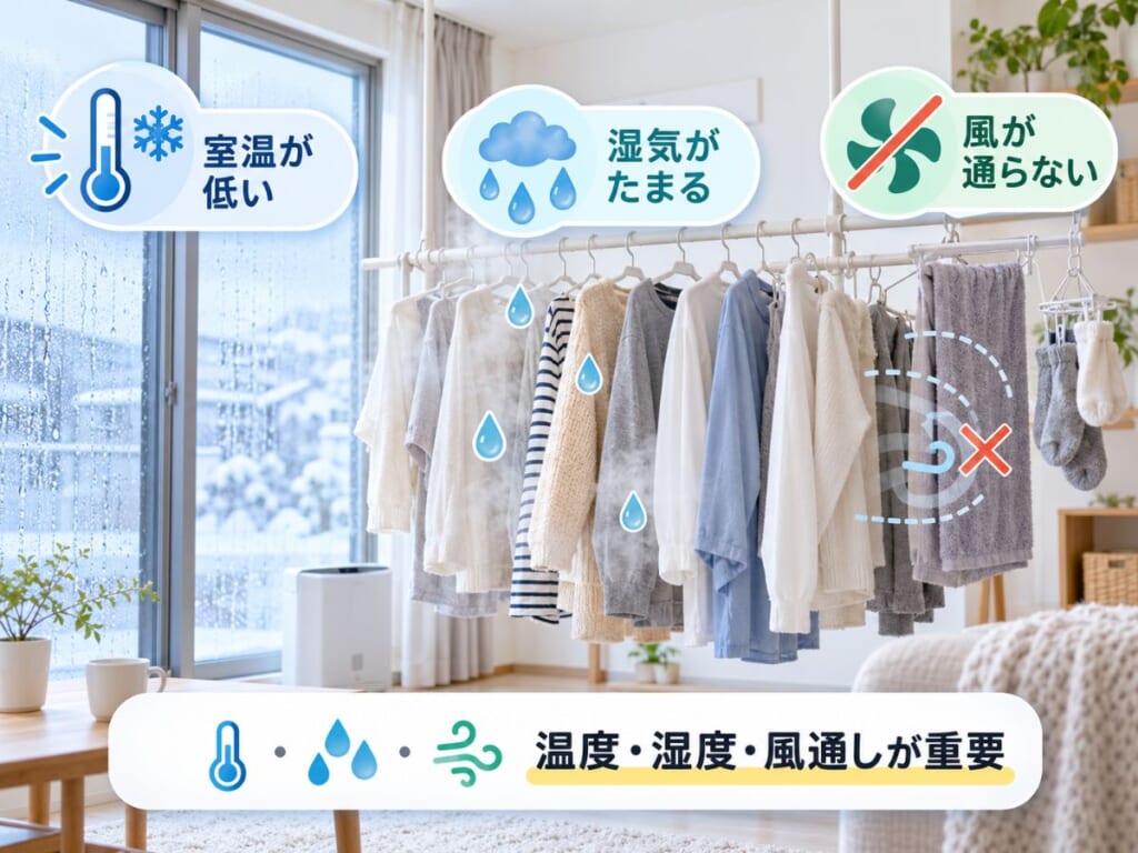 冬の部屋干しが乾きにくい3つの原因である室温の低さ・湿気の滞留・風通しの悪さを示した図