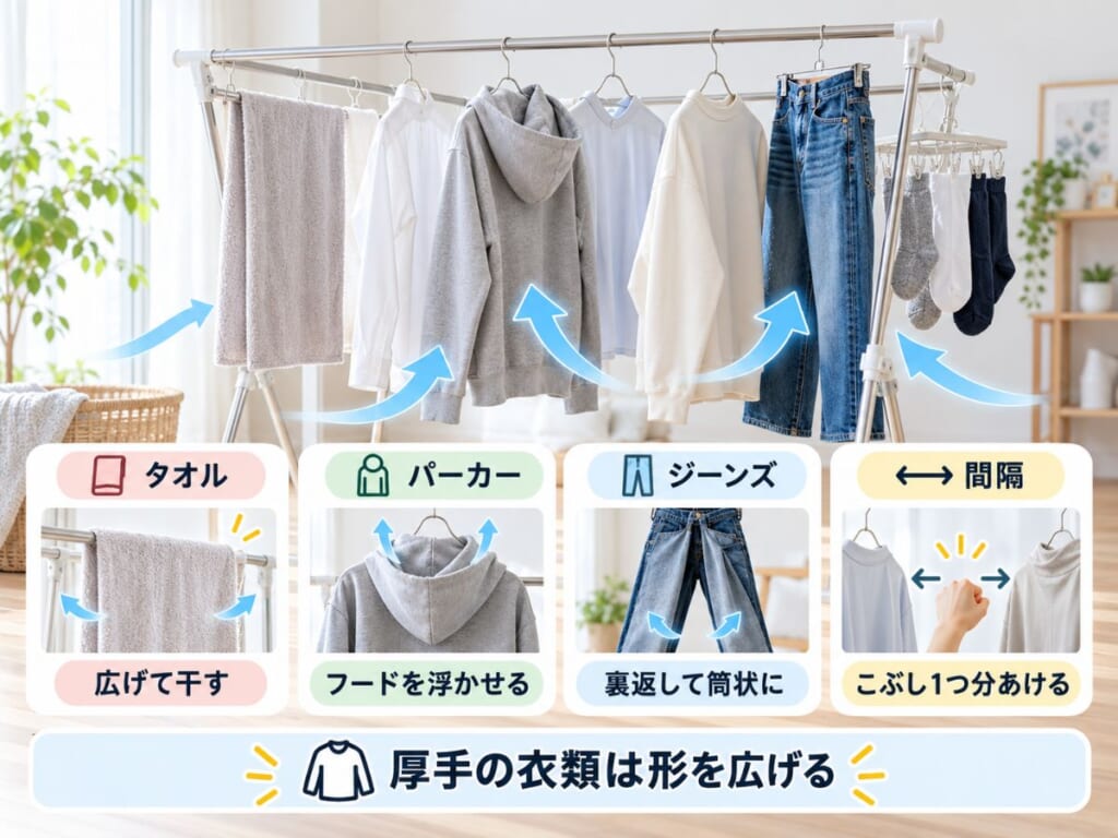 タオル・パーカー・ジーンズなどを広げ、衣類の間隔をあけて乾きやすく干す方法の図解