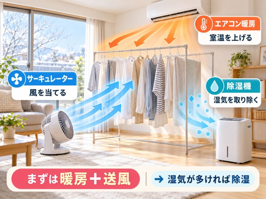 冬の部屋干しでエアコン暖房・サーキュレーター・除湿機を組み合わせ、室温・風通し・湿度を調整する方法の図解